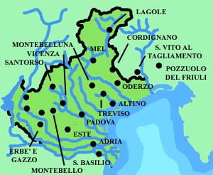 principali centri paleoveneti sulla sagoma dell'attuale regione Veneto