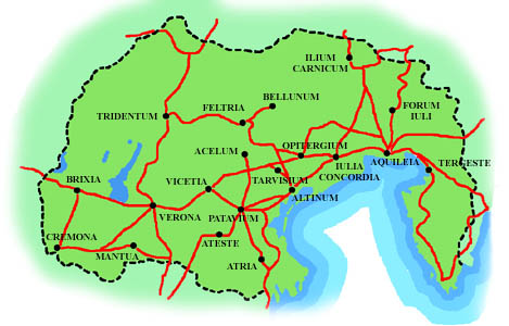 Principali percorsi stradali di epoca romana nella X Regio